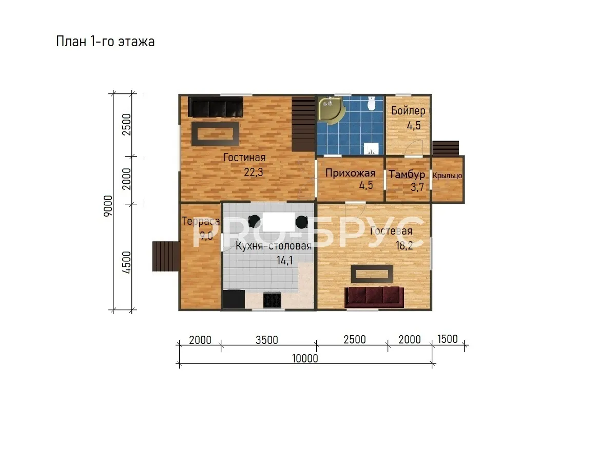 Проект дома из бруса - 9х10 - «Кострома» - 135 м² - планировка первого этажа