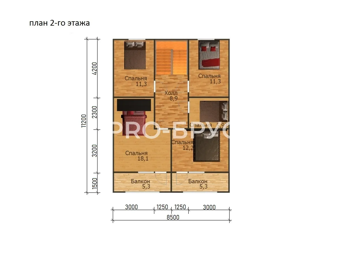 Проект дома из бруса - 11х11 - «Буй» - 142 м² - планировка второго этажа