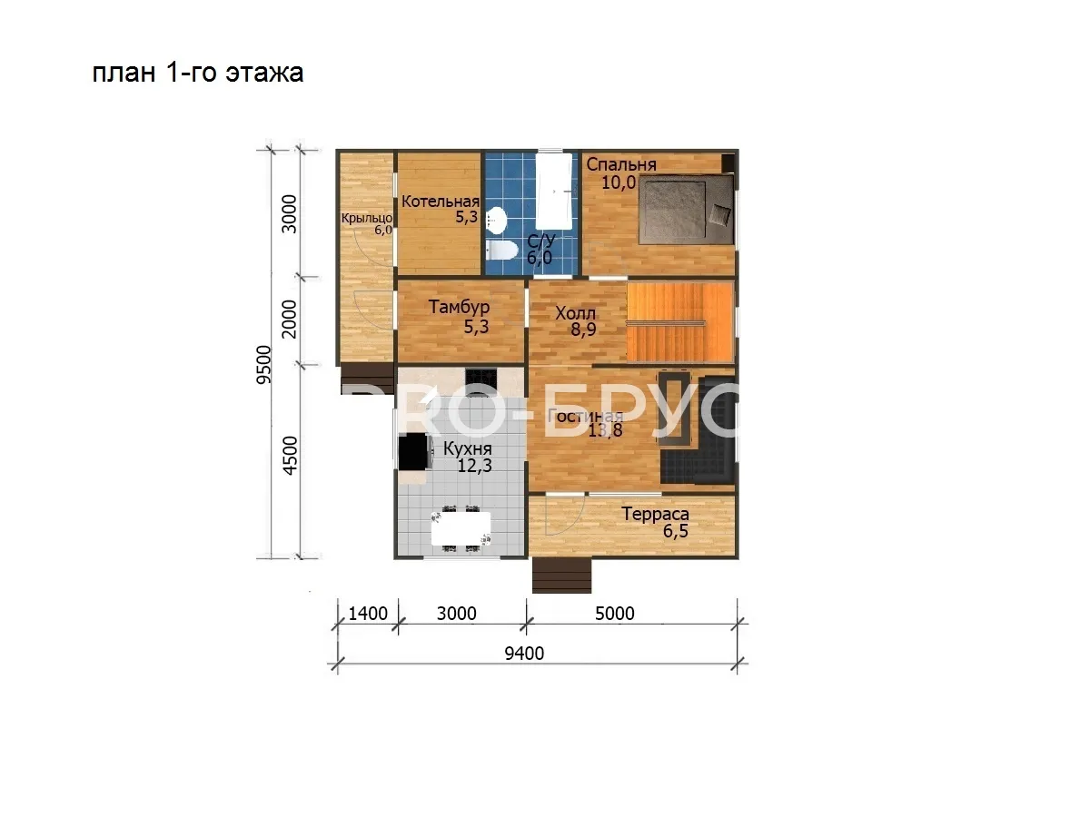 Проект дома из бруса - 9х9 - «Мытищи» - 118 м² - планировка первого этажа