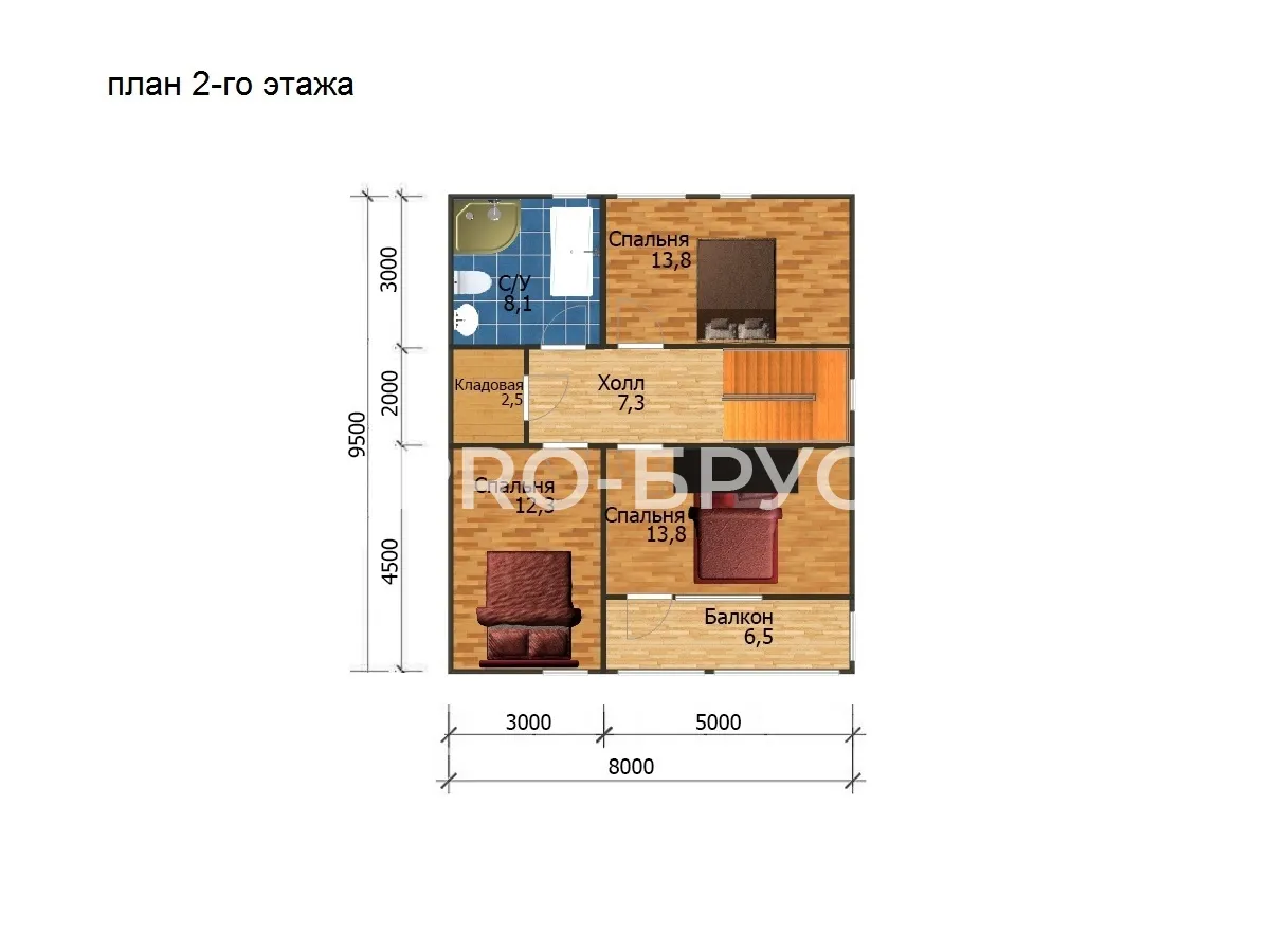 Проект дома из бруса - 9х9 - «Галич» - 118 м² - планировка второго этажа
