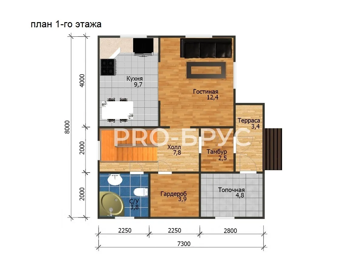 Проект дома из бруса - 6х8 - «Мантурово» - 80 м² - планировка первого этажа