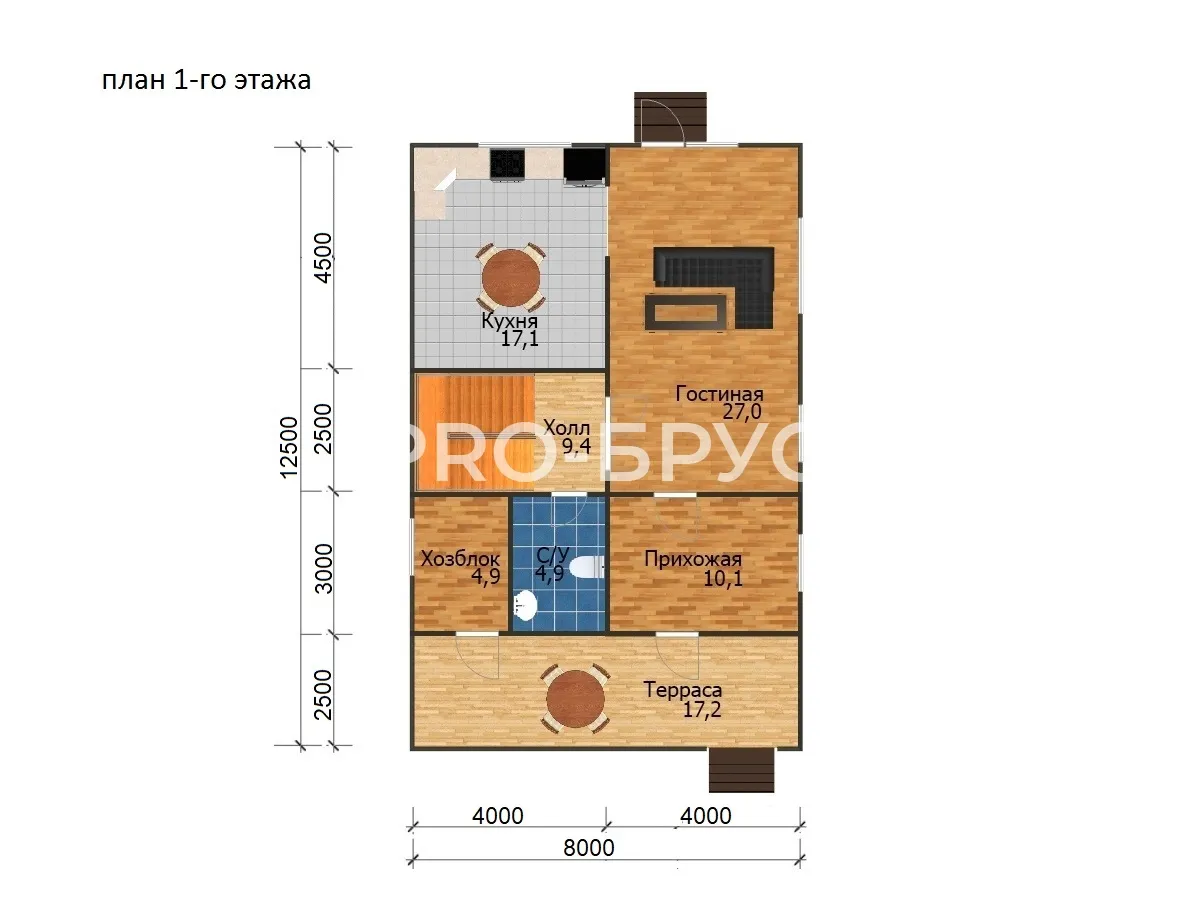 Проект дома из бруса - 8х12 - «Нерехта» - 141 м² - планировка первого этажа