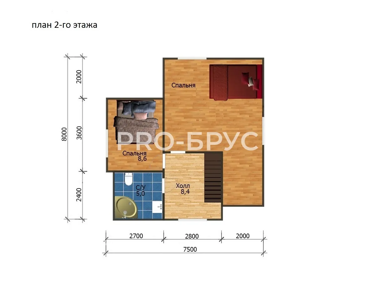 Проект дома из бруса - 7х8 - «Нея» - 100 м² - планировка второго этажа