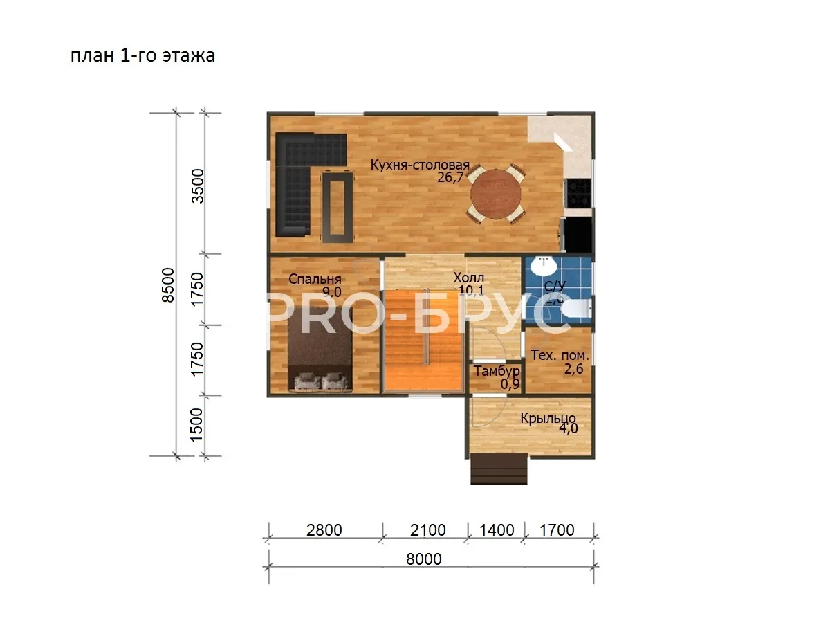 Проект дома из бруса - 8х8 - «Солигалич» - 124 м² - планировка первого этажа