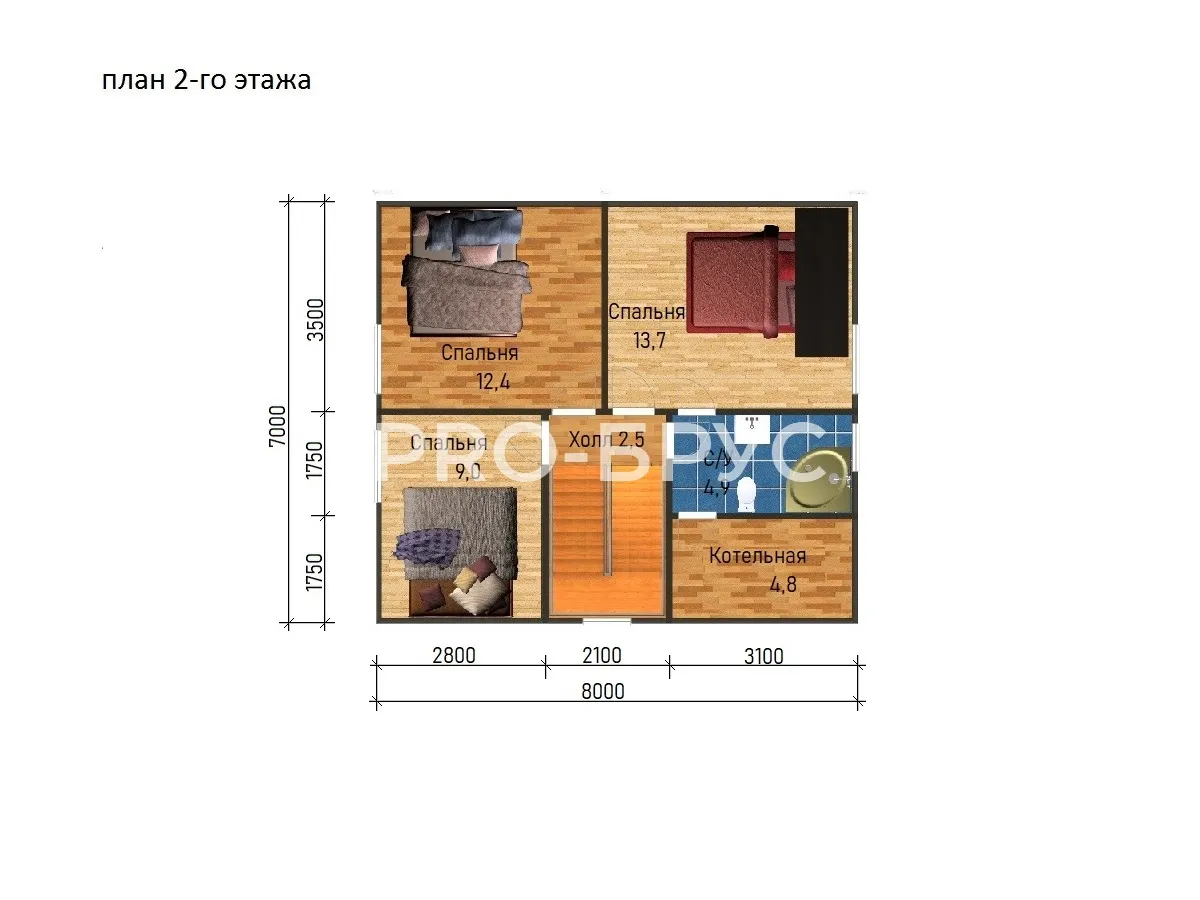 Проект дома из бруса - 8х8 - «Солигалич» - 124 м² - планировка второго этажа