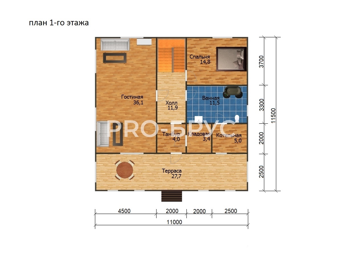Проект дома из бруса - 11х11 - «Раменское» - 165 м² - планировка первого этажа