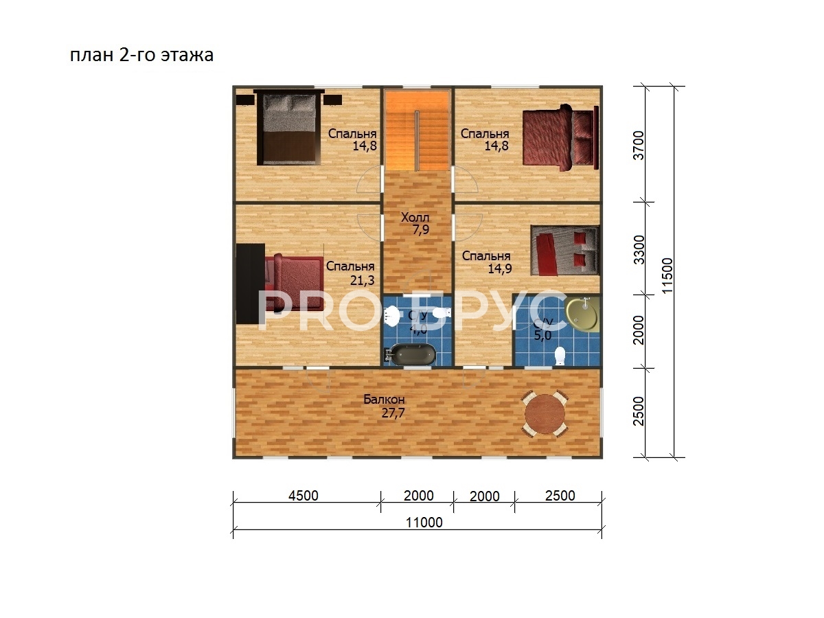Проект дома из бруса - 11х11 - «Раменское» - 165 м² - планировка второго этажа