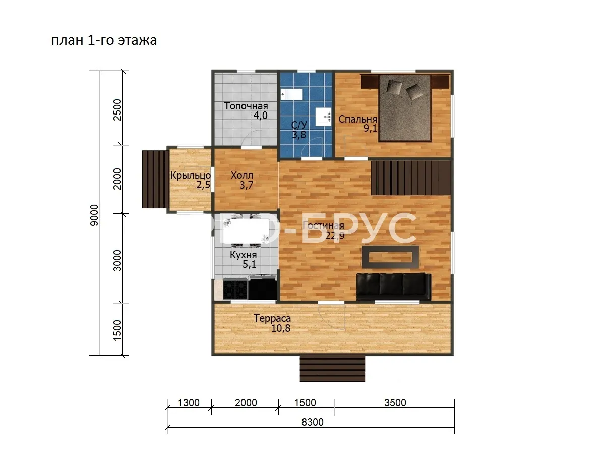 Проект дома из бруса - 8х9 - «Сергиев Посад» - 87 м² - планировка первого этажа