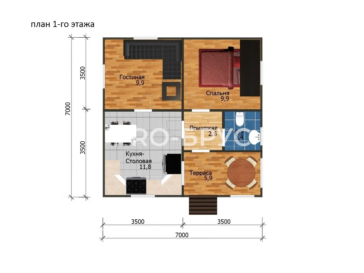 Проект дома из бруса - 7х7 - «Минское» - 49 м² - планировка первого этажа