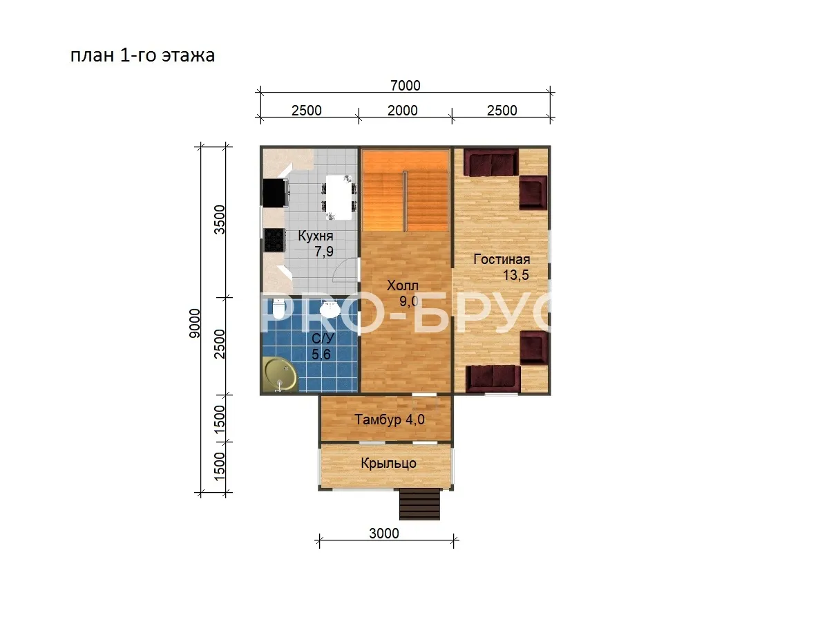 Проект дома из бруса - 7х9 - «Апраксино» - 76 м² - планировка первого этажа