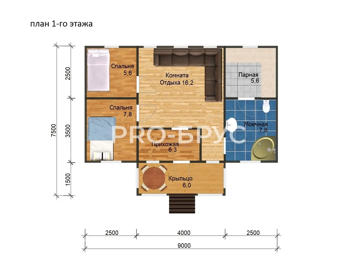 Проект дома из бруса - 7х9 - «Ступино» - 55 м² - планировка первого этажа