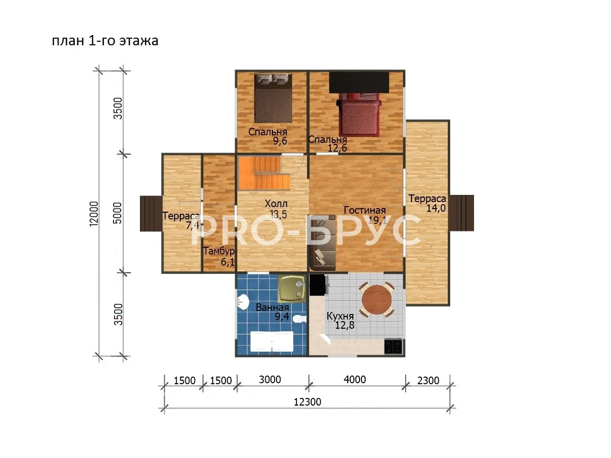 Проект дома из бруса - 12х12 - «Истра» - 142 м² - планировка первого этажа