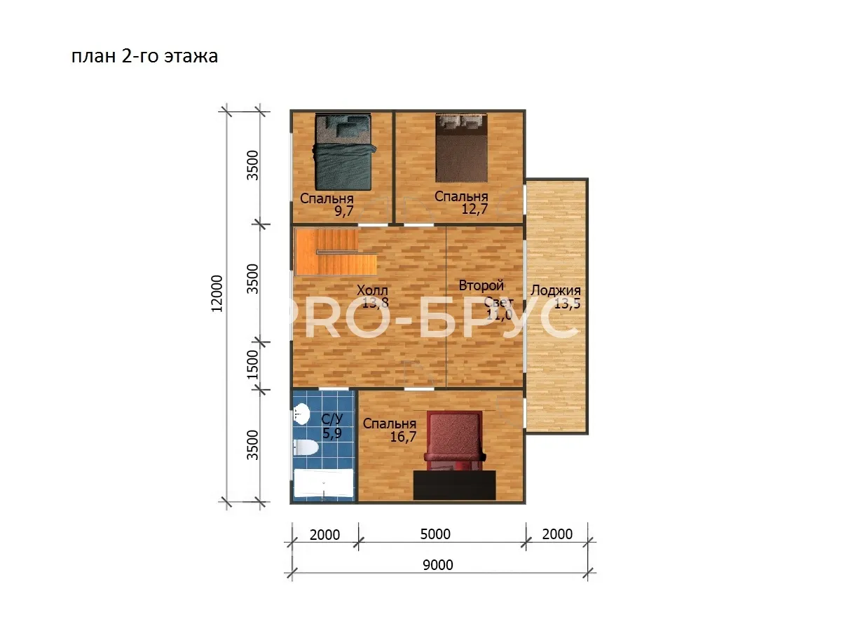 Проект дома из бруса - 12х12 - «Истра» - 142 м² - планировка второго этажа