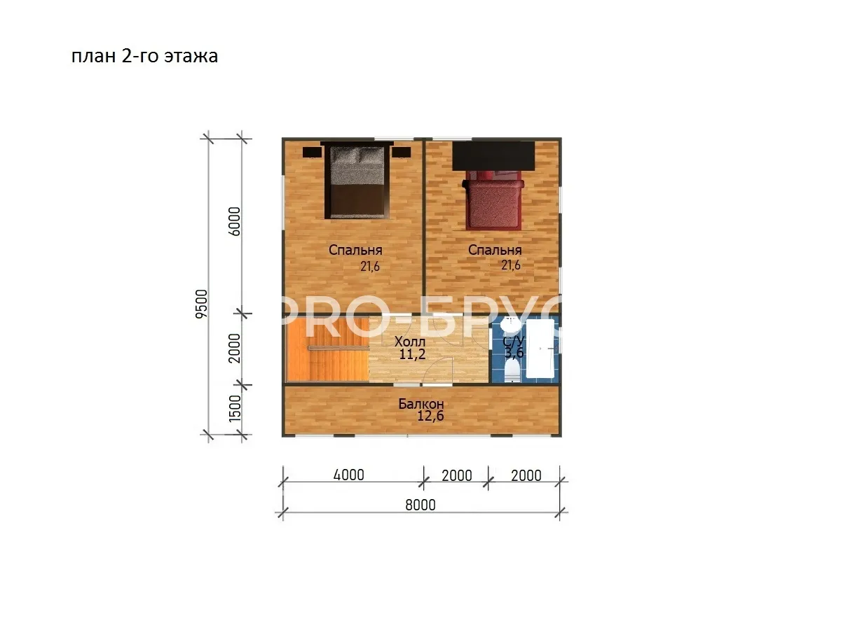 Проект дома из бруса - 8х9 - «Ильинское» - 115 м² - планировка второго этажа