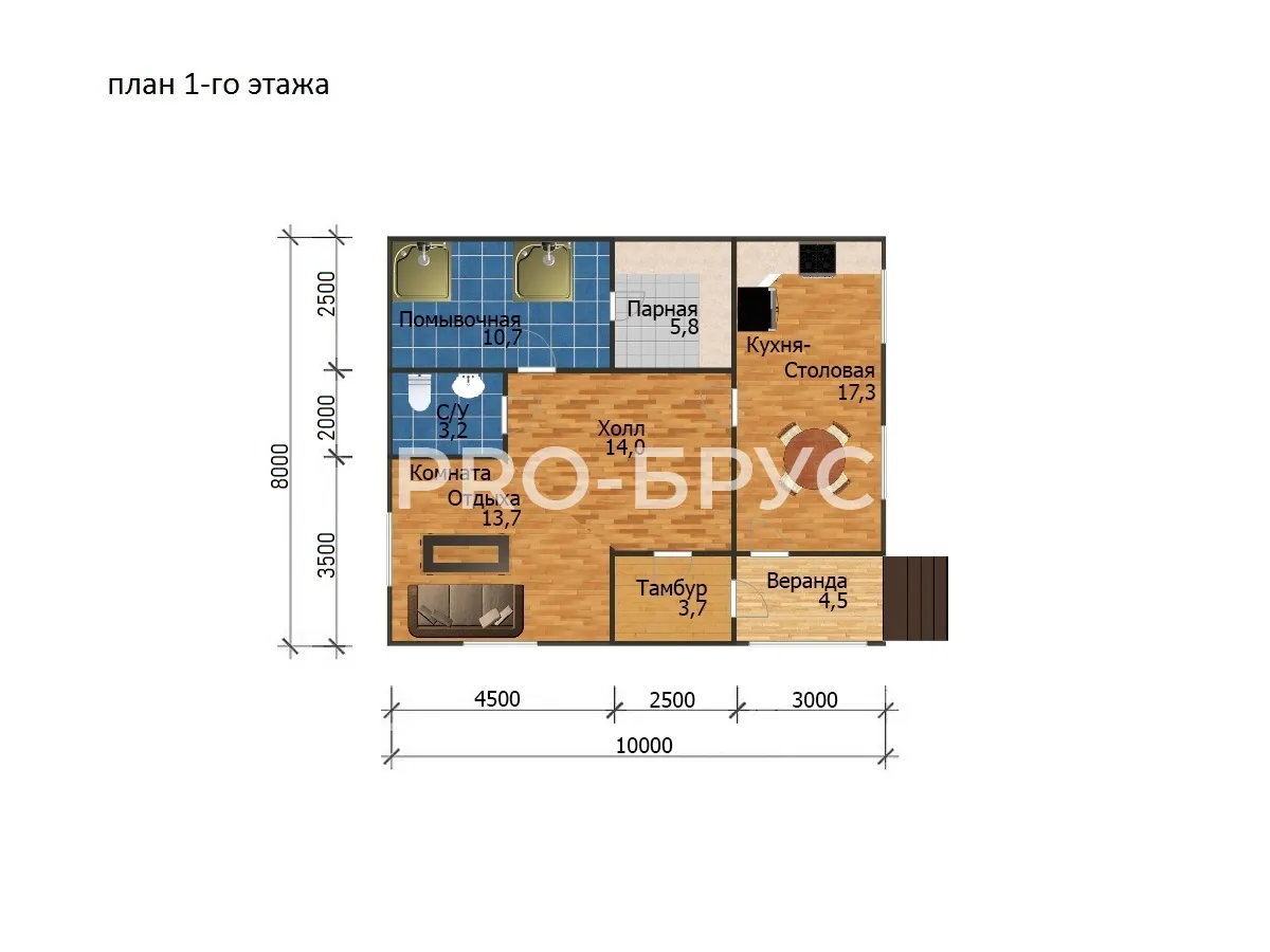 Проект дома из бруса - 8х10 - «Кашира» - 80 м² - планировка первого этажа