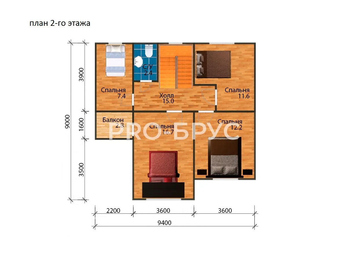 Проект дома из бруса - 9х14 - «Гридино» - 185 м² - планировка второго этажа