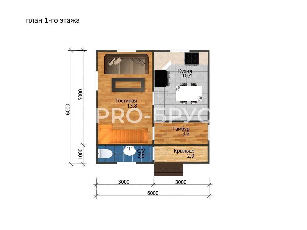 Проект дома из бруса - 6х7 - «Протвино» - 70 м² - планировка первого этажа