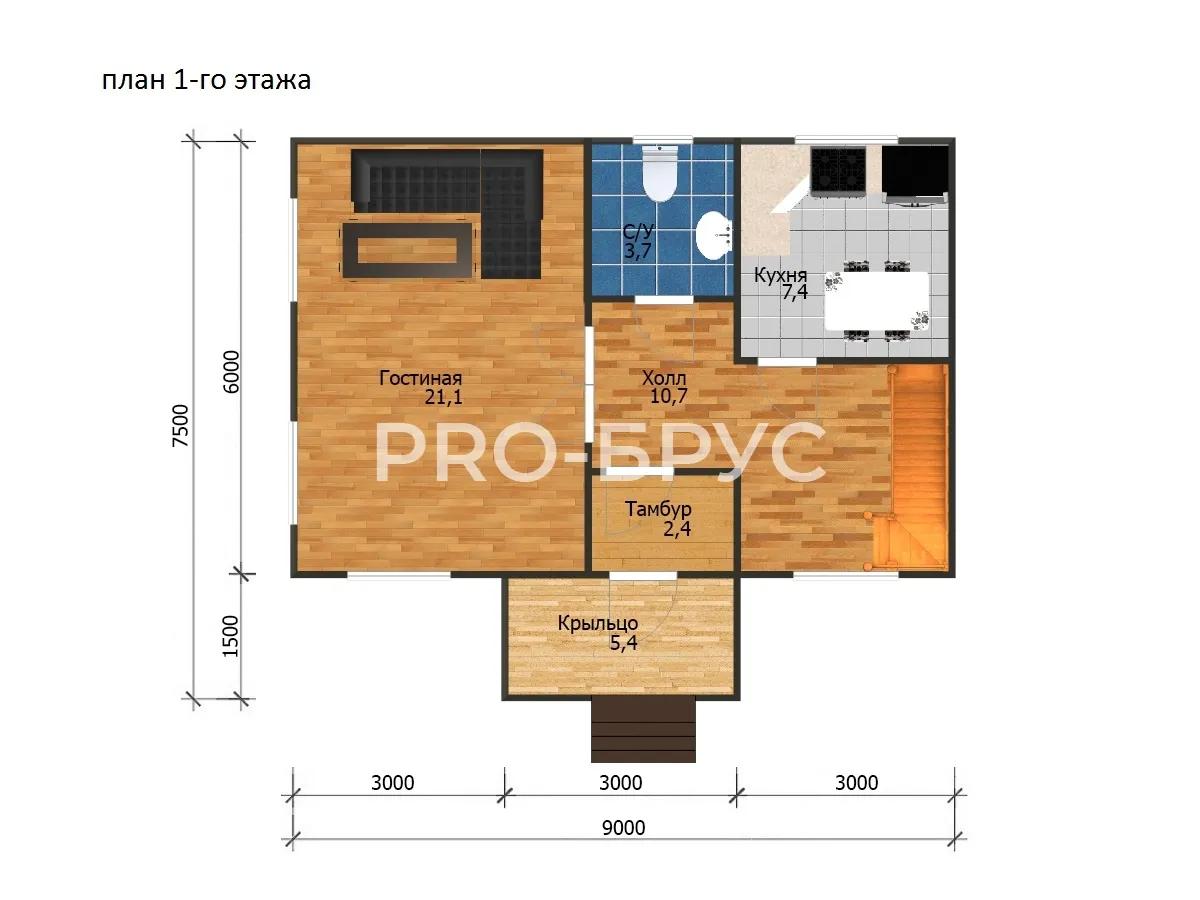 Проект дома из бруса - 9х9 - «Петрилово» - 90 м² - планировка первого этажа