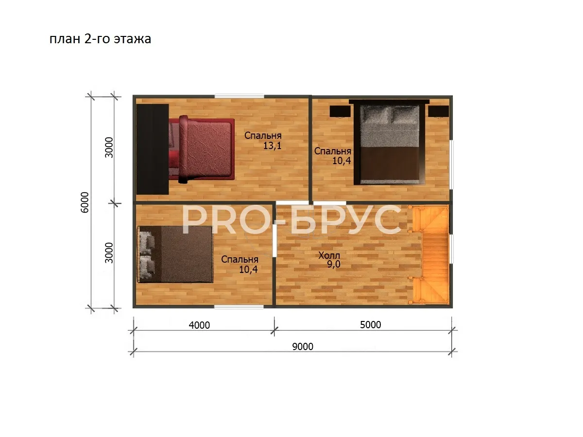 Проект дома из бруса - 9х9 - «Петрилово» - 90 м² - планировка второго этажа