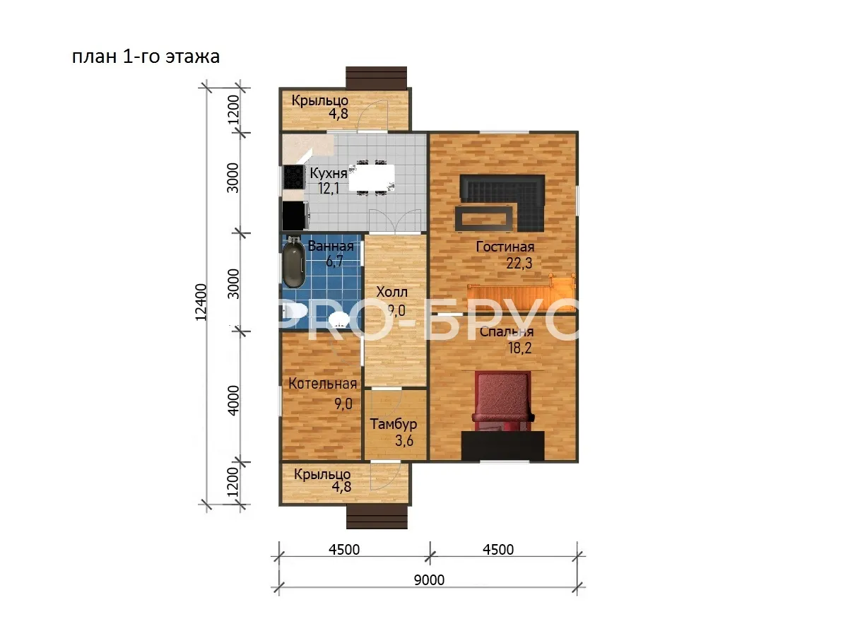 Проект дома из бруса - 9х12 - «Палкино» - 160 м² - планировка первого этажа