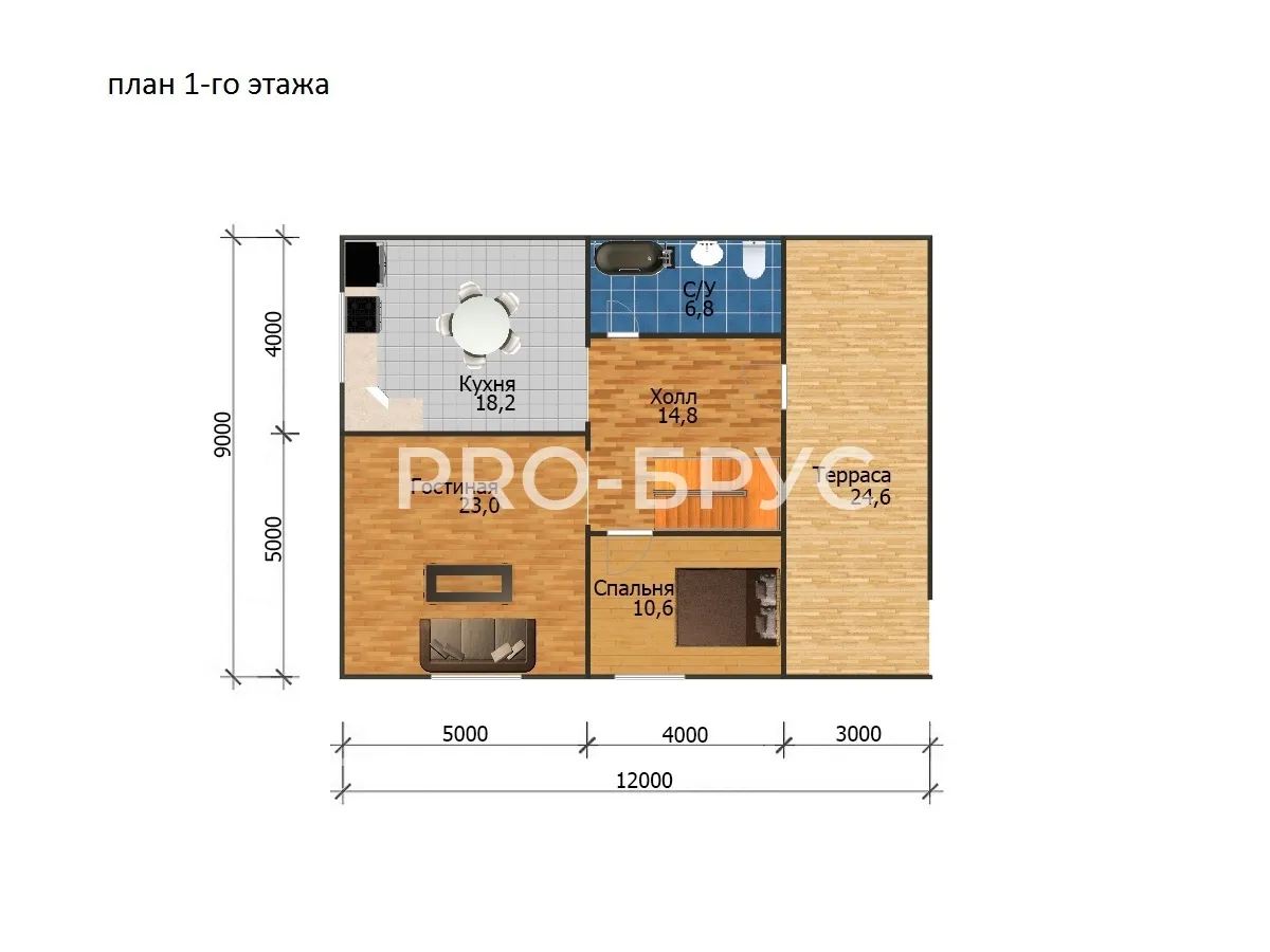 Проект дома из бруса - 9х12 - «Мисково» - 145 м² - планировка первого этажа