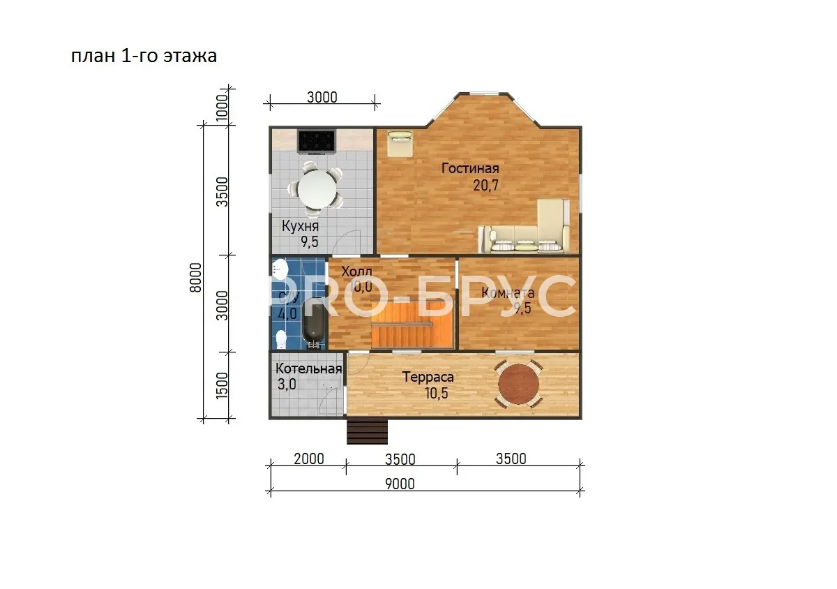 Проект дома из бруса - 8х9 - «Кузьмино» - 119 м² - планировка первого этажа