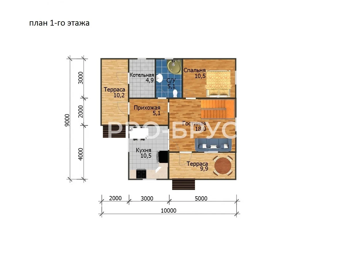 Проект дома из бруса - 9х10 - «Борщино» - 130 м² - планировка первого этажа