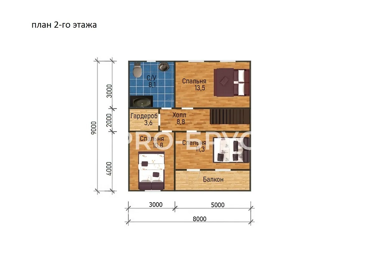Проект дома из бруса - 9х10 - «Краснозаводск» - 130 м² - планировка второго этажа