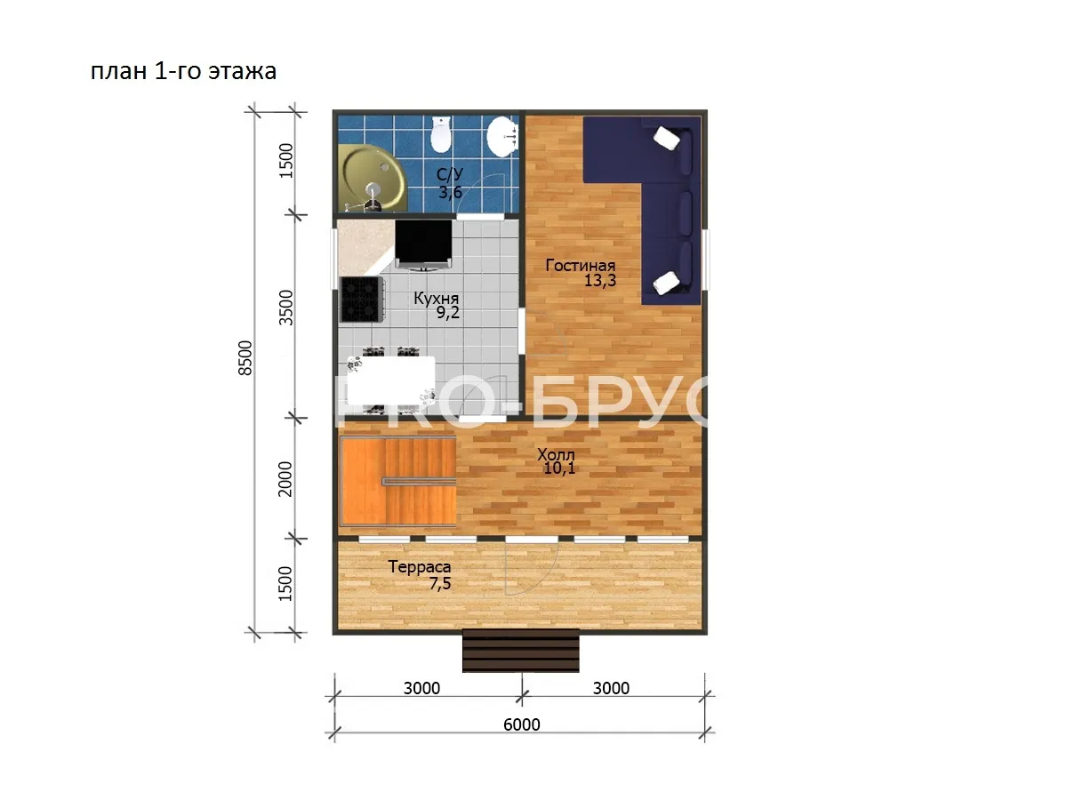 Проект дома из бруса - 6х8 - «Солоница» - 80 м² - планировка первого этажа