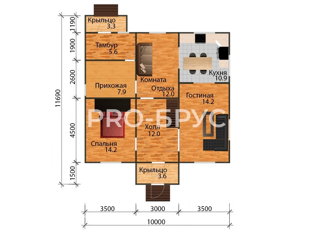 Проект дома из бруса - 10х11 - «Кубинка» - 164 м² - планировка первого этажа