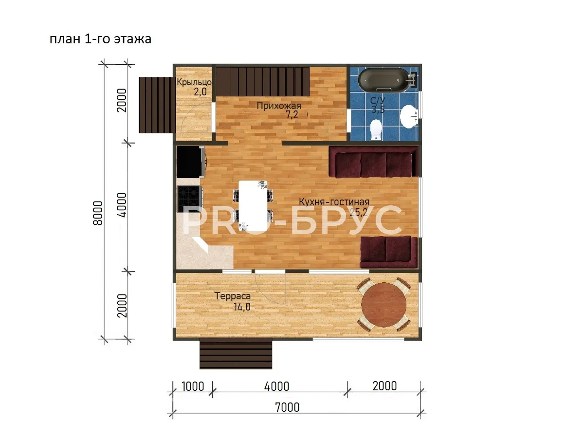 Проект дома из бруса - 7х8 - «Воскресенье» - 104 м² - планировка первого этажа