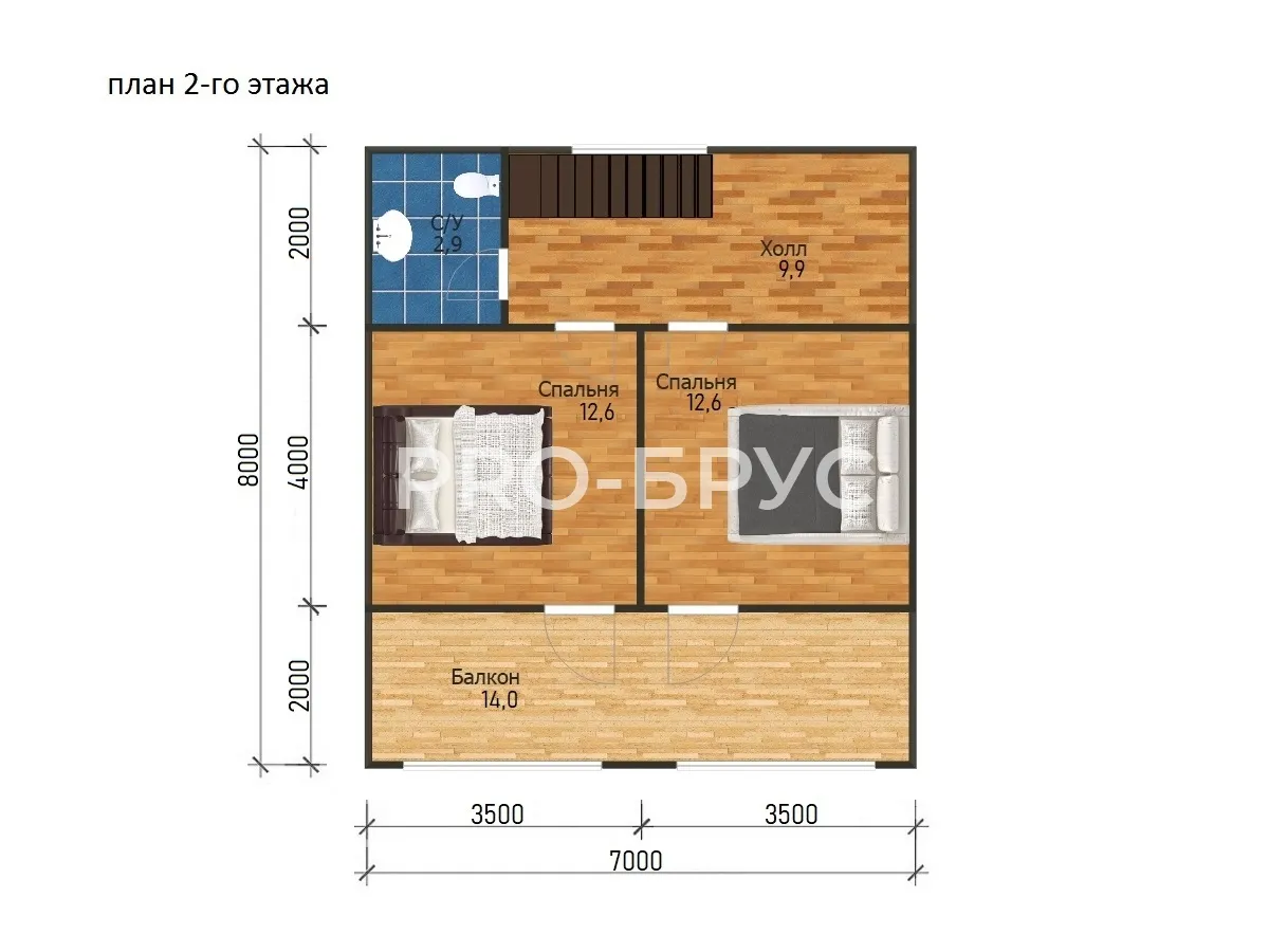 Проект дома из бруса - 7х8 - «Руза» - 104 м² - планировка второго этажа