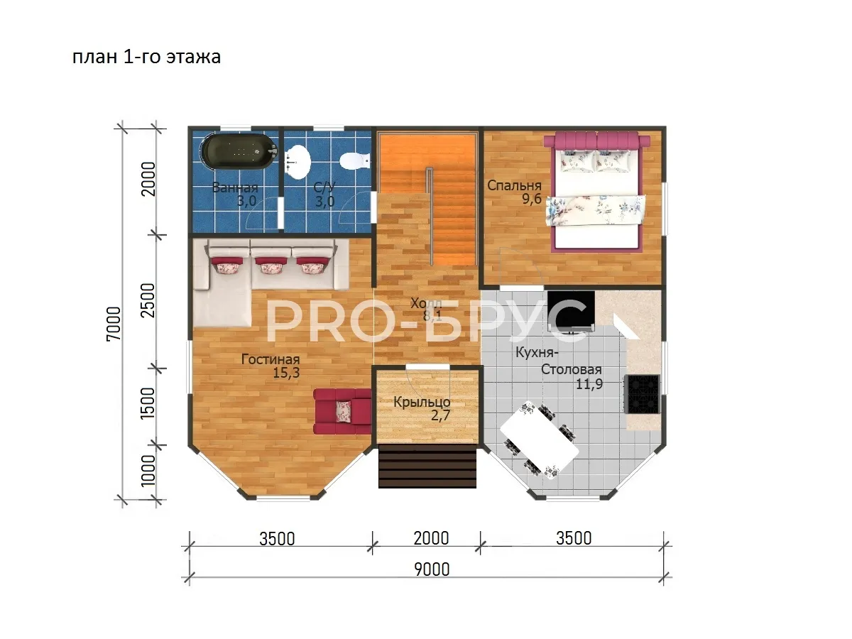 Проект дома из бруса - 7х9 - «Бурдуково» - 100 м² - планировка первого этажа