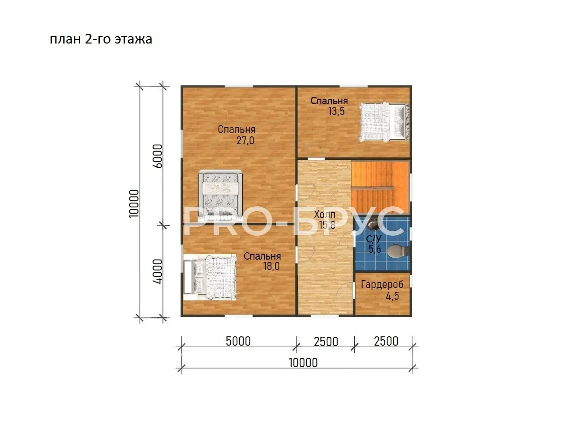 Проект дома из бруса - 10х10 - «Боровиково» - 173 м² - планировка второго этажа