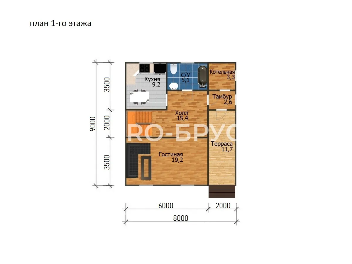 Проект дома из бруса - 8х9 - «Электрогорск» - 116 м² - планировка первого этажа