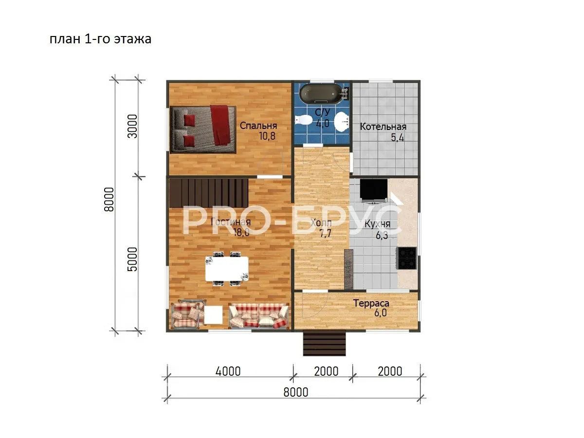 Проект дома из бруса - 8х8 - «Прискоково» - 114 м² - планировка первого этажа