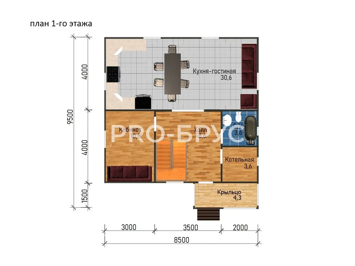 Проект дома из бруса - 8х9 - «Ликурга» - 120 м² - планировка первого этажа