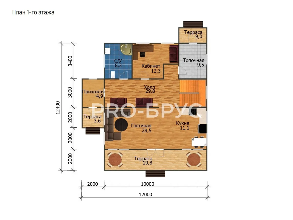 Проект дома из бруса - 12х12 - «Паточного» - 250 м² - планировка первого этажа