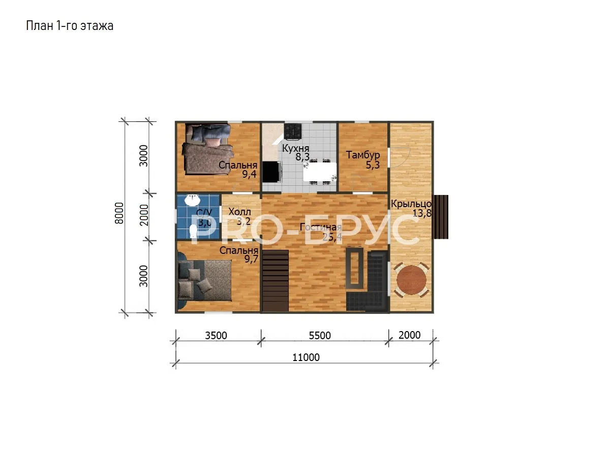 Проект дома из бруса - 8х11 - «Елнать» - 153 м² - планировка первого этажа