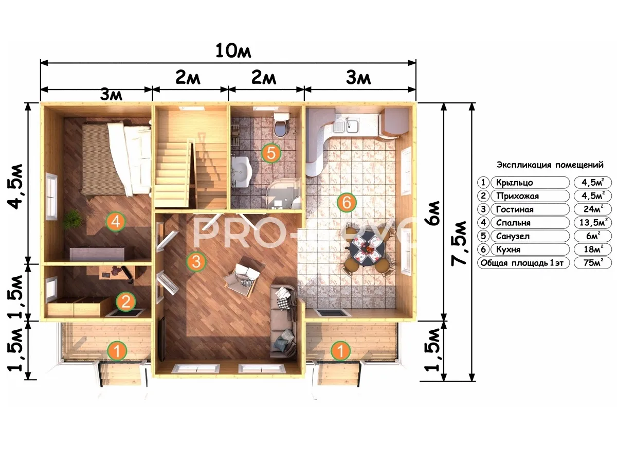 Проект дома из бруса - 7х10 - «Зарубино» - 138 м² - вид справа