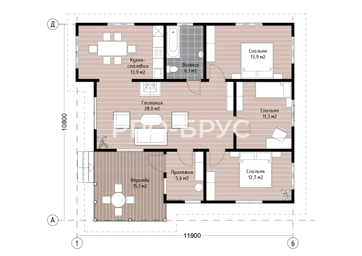 Проект дома из бруса - 11х12 - «Сотниково» - 106 м² - планировка первого этажа