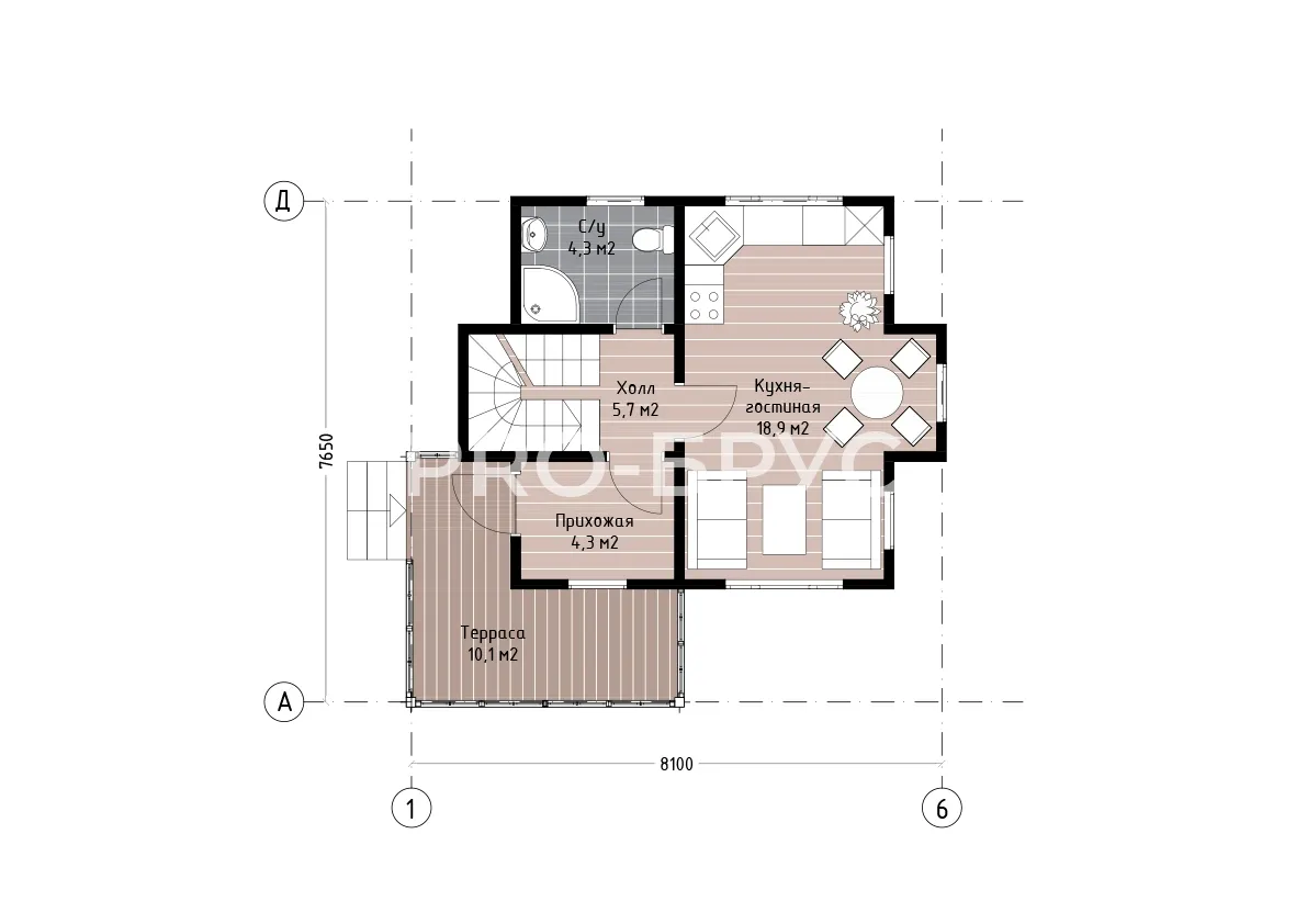 Проект дома из бруса - 7х8 - «Контеево» - 71 м² - планировка первого этажа