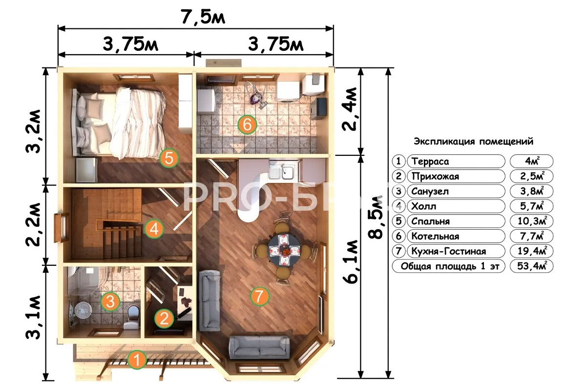 Проект дома из бруса - 7х8 - «Рождествено» - 97 м² - вид справа