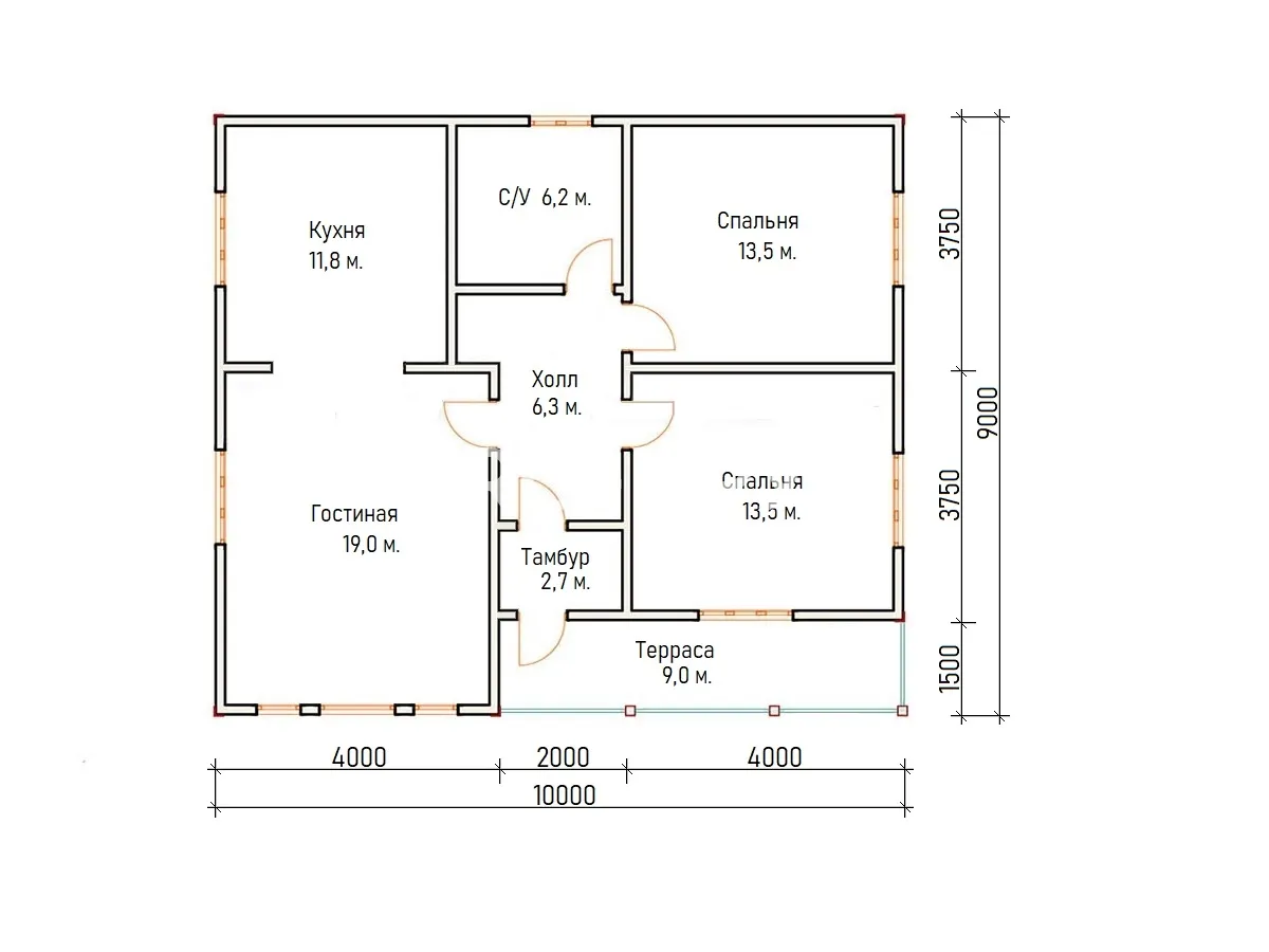 Проект дома из бруса - 9х10 - «Монино» - 82 м² - планировка первого этажа