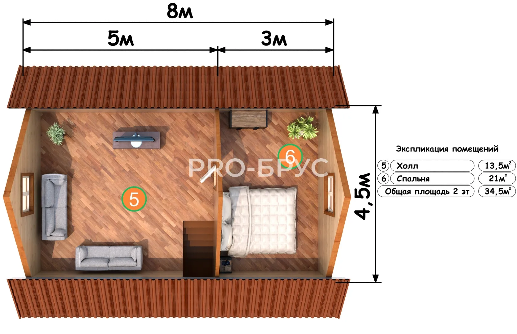 Проект дома из бруса - 6х8 - «Правдинский» - 82 м² - планировка первого этажа