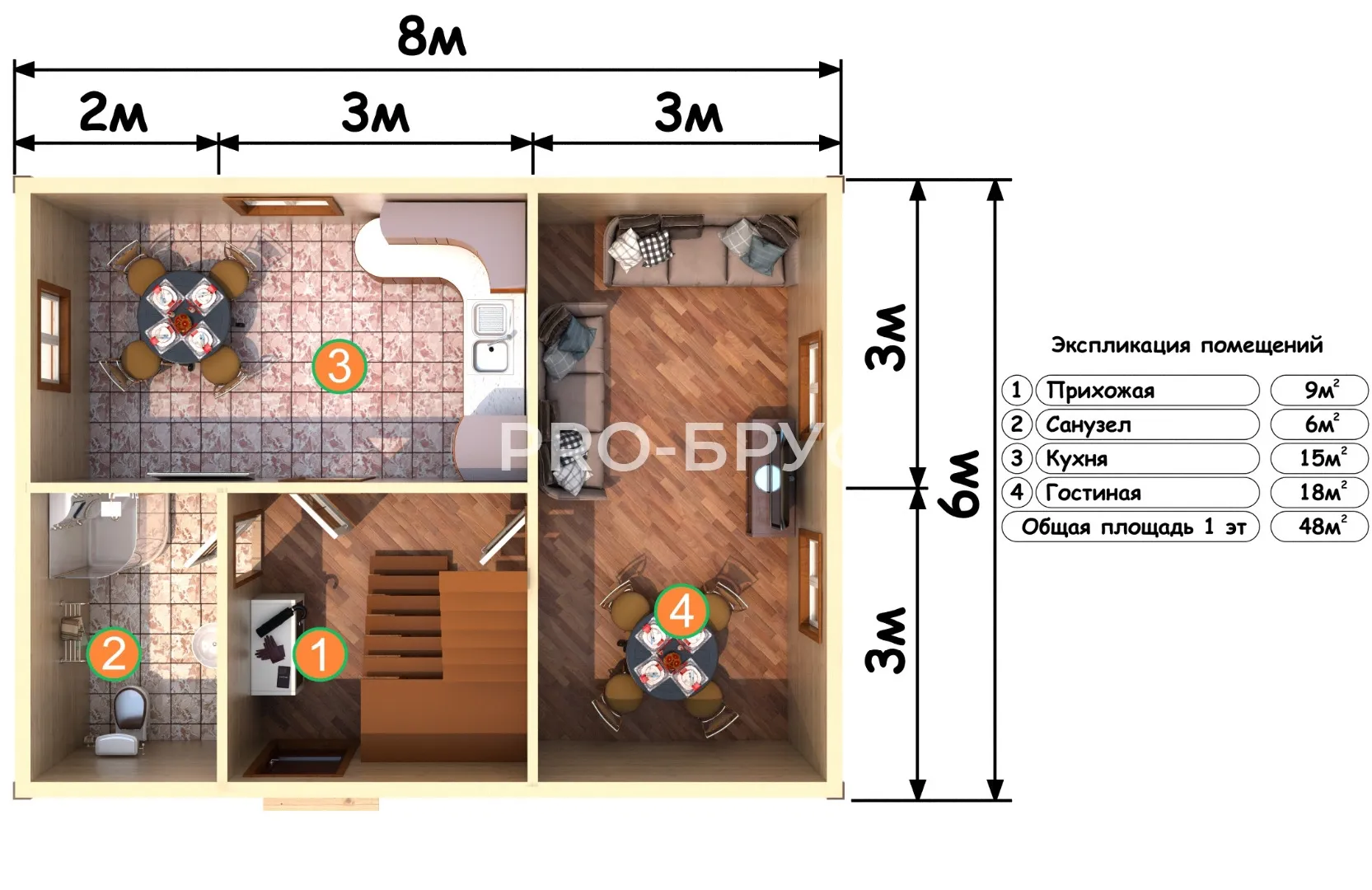 Проект дома из бруса - 6х8 - «Шангское» - 82 м² - вид справа