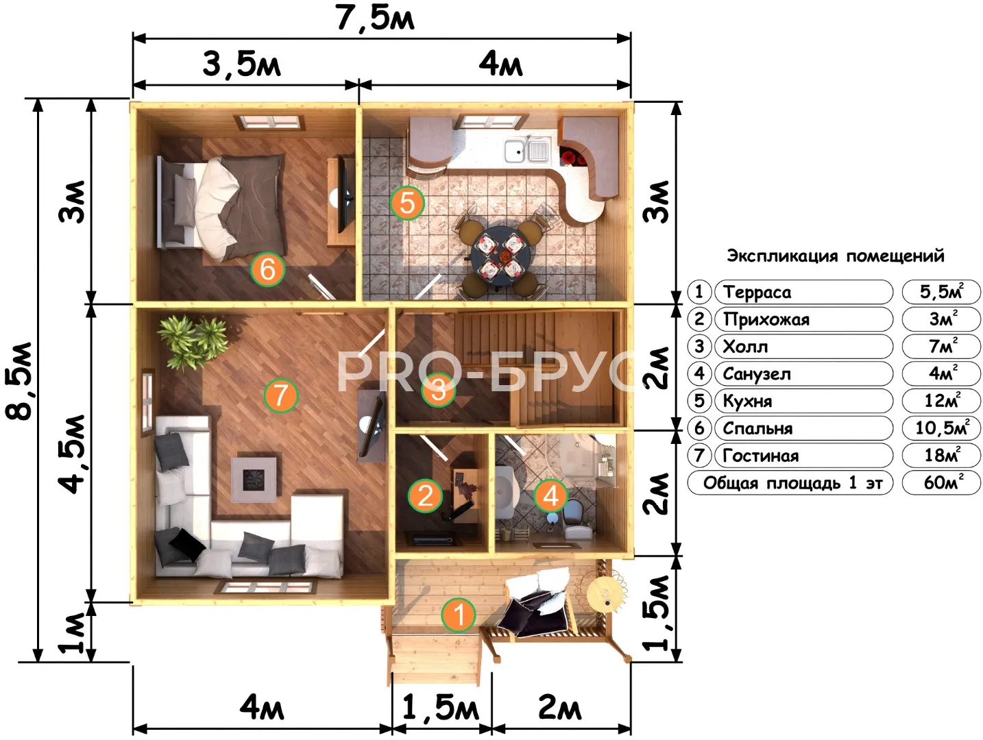 Проект дома из бруса - 7х8 - «Пролетарский» - 111 м² - вид справа