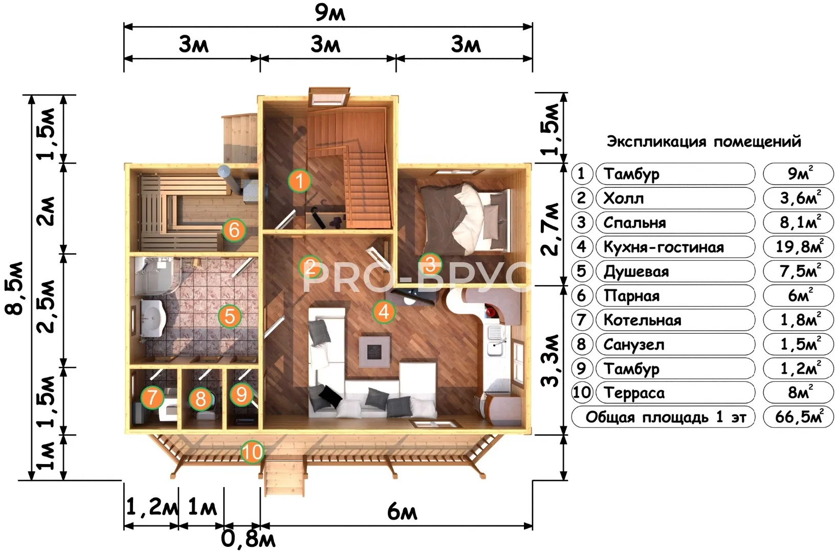 Проект дома из бруса - 8х9 - «Вига» - 124 м² - вид справа