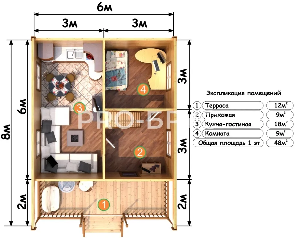 Проект дома из бруса - 6х8 - «Серебряные Пруды» - 80 м² - вид справа
