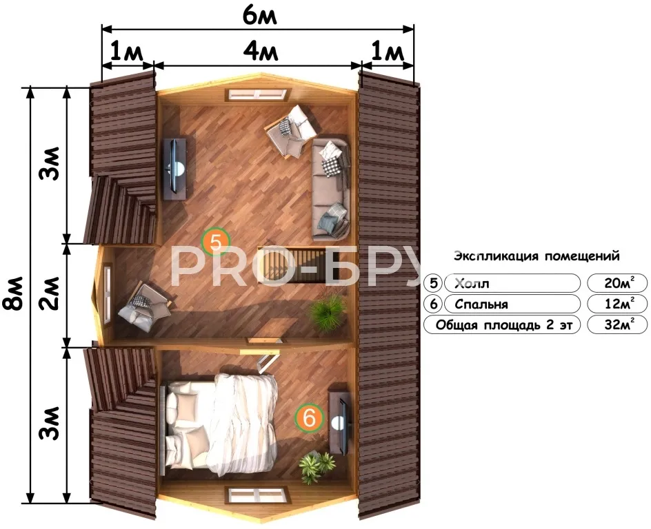 Проект дома из бруса - 6х8 - «Петрово» - 80 м² - планировка первого этажа